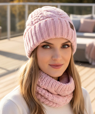  Comprar conjunto cachecol e gorro feminino tricot trançado forro térmico inverno barato promoção ANELLIMN 