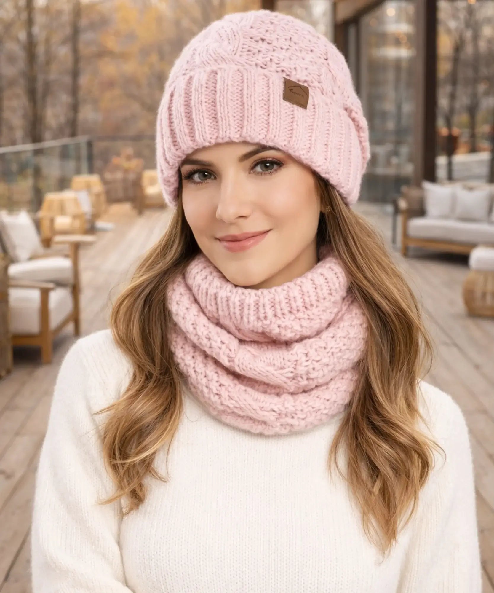  Comprar conjunto cachecol e gorro feminino tricot trançado forro térmico inverno barato promoção ANELLIMN 