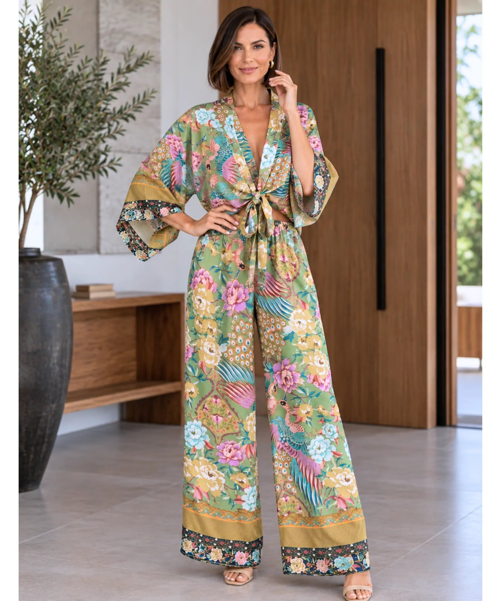 Conjunto calça e blusa feminino estampado colorido floral, frente