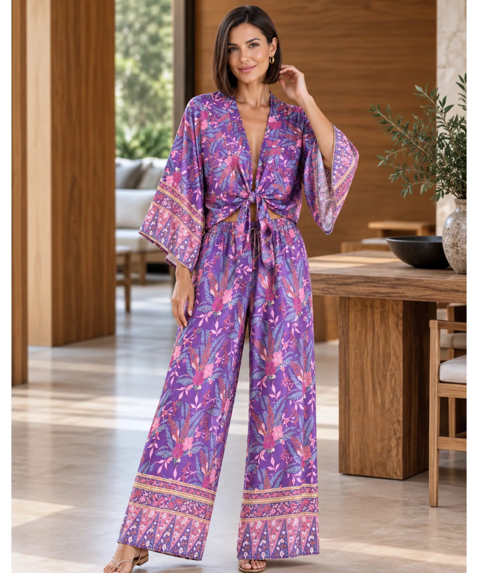 Conjunto calça e blusa feminino roxo floral, modelo usando, frente