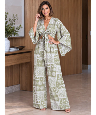 Conjunto calça e blusa feminino verde claro estampado geométrico, frente