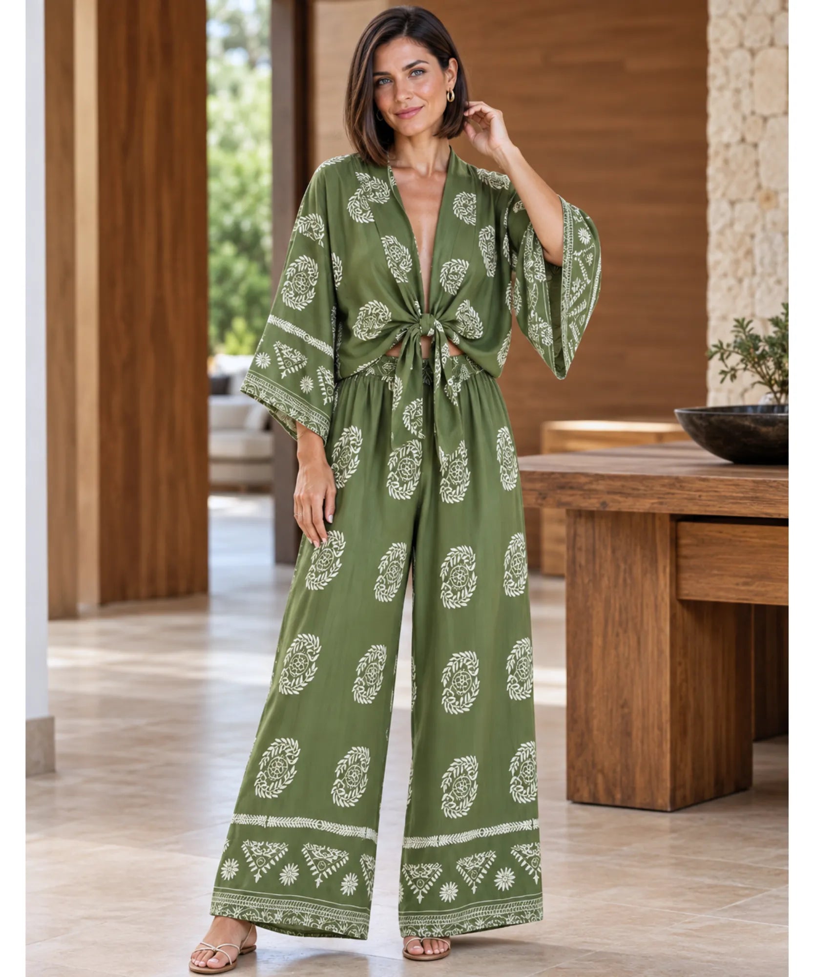 Conjunto calça e blusa feminino verde musgo, frente, corpo inteiro