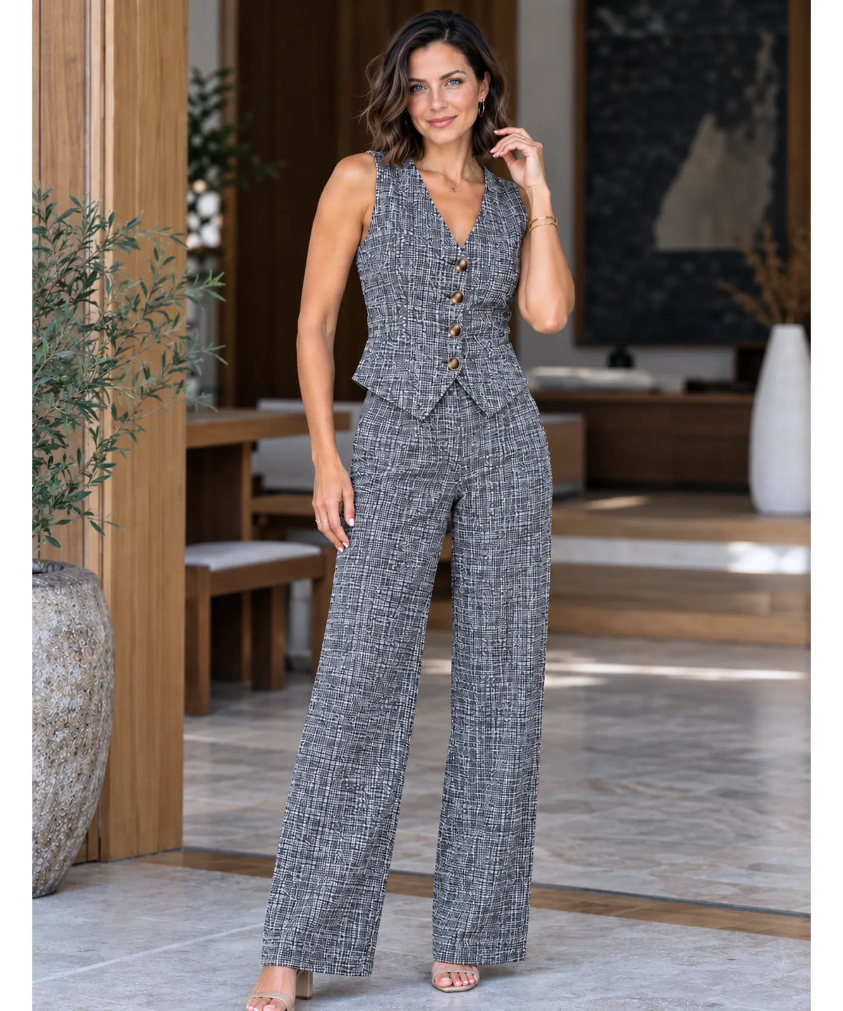 Conjunto de colete e calça pantalona em tweed cinza de frente