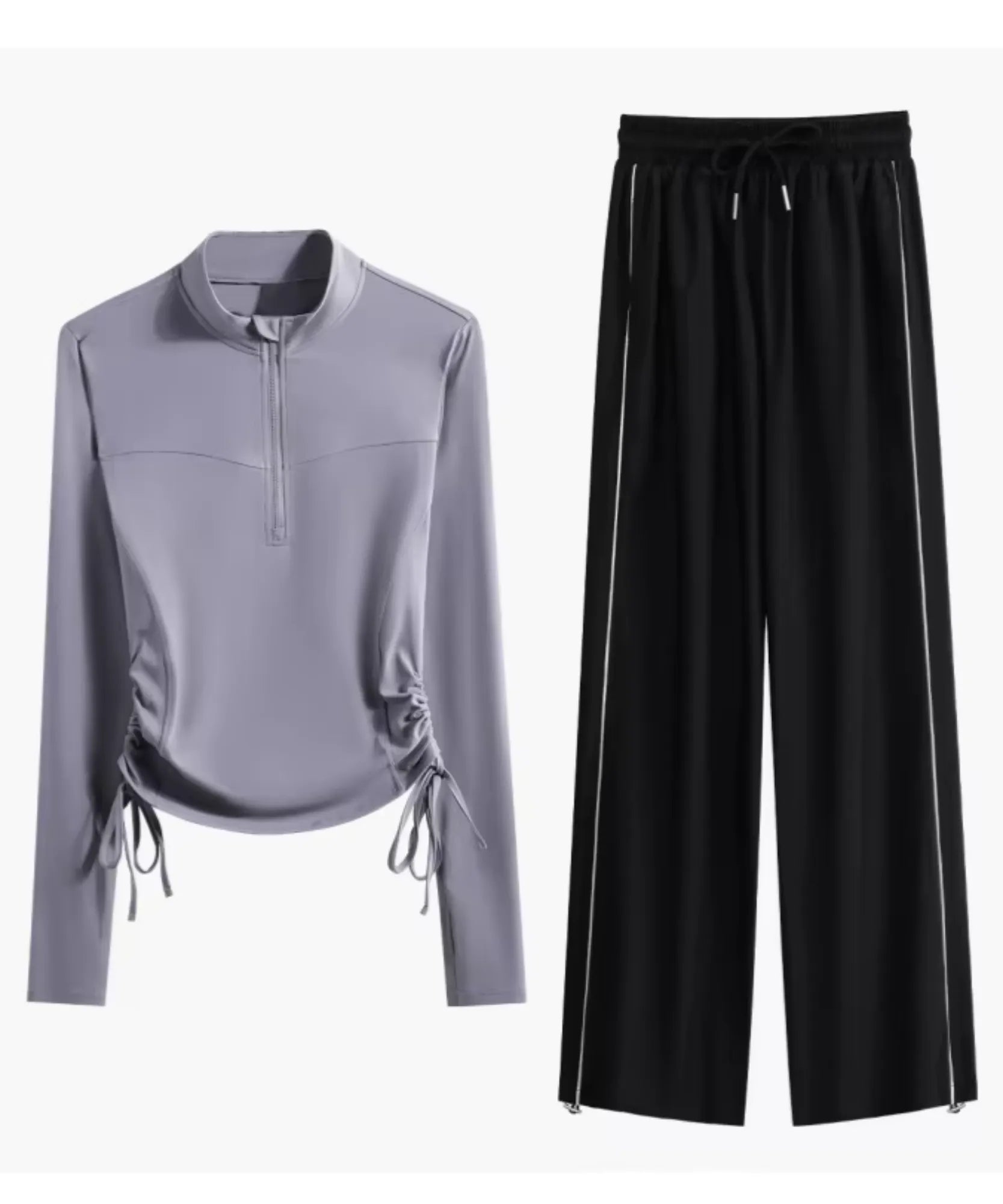 Blusa lilás de meio zíper e calça pantalona preta em still de produto