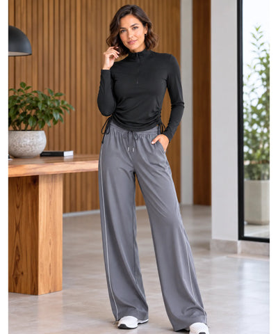 Blusa preta de meio zíper com calça pantalona cinza de vivo lateral