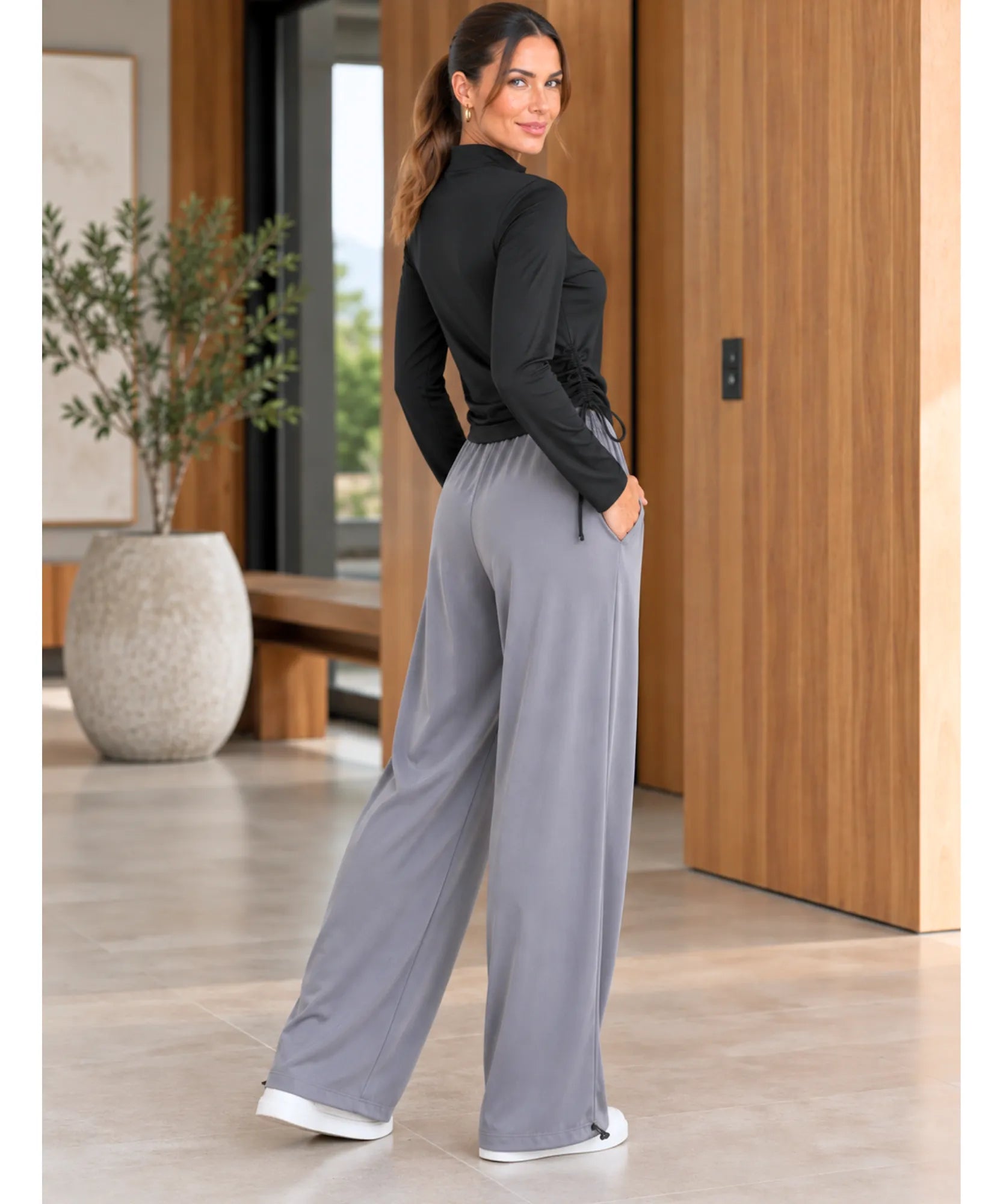 Comprar conjunto dry fit feminino com calça pantalona e bolsos barato Anellimn