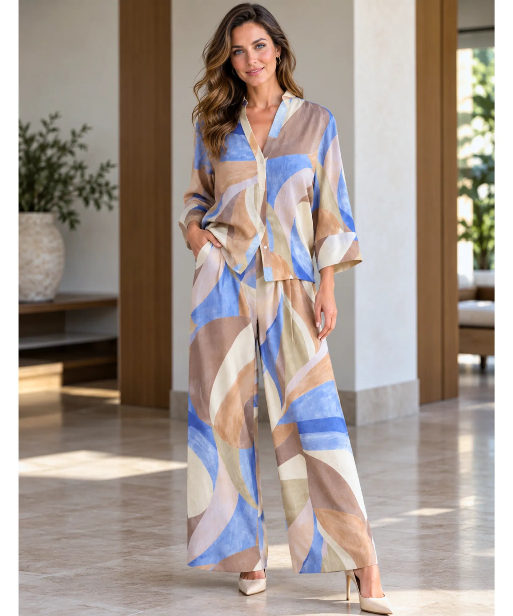Comprar conjunto estampado feminino calça pantalona e camisa barato Anellimn