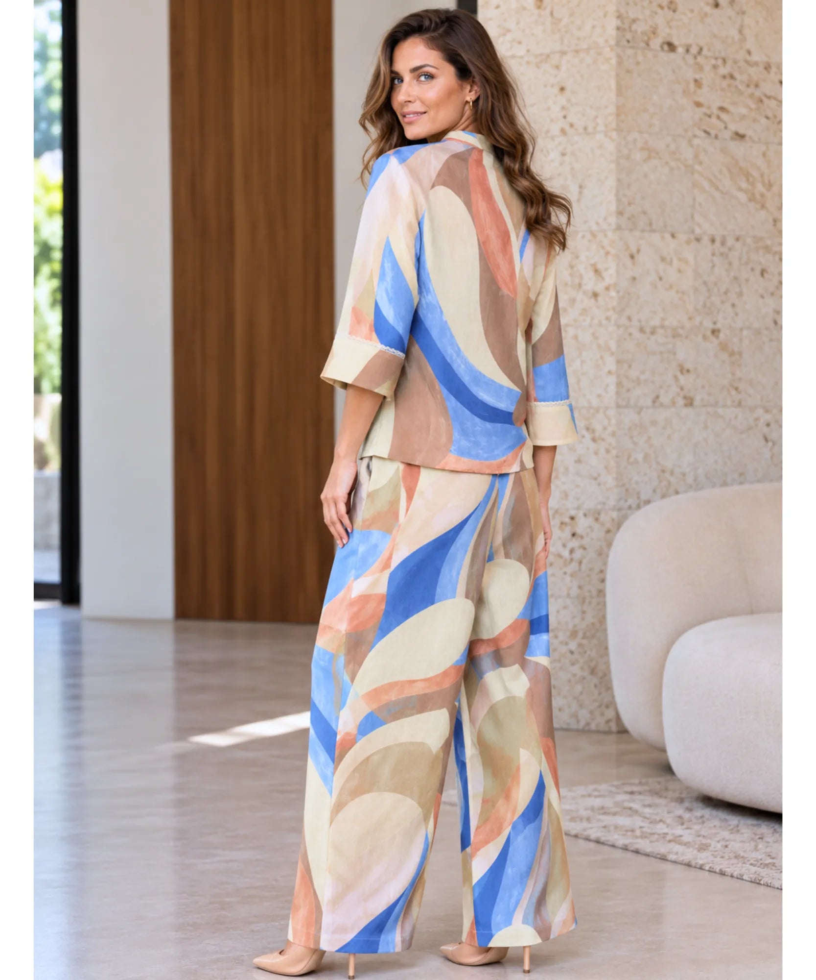 Comprar conjunto estampado feminino de costas com calça pantalona barato Anellimn