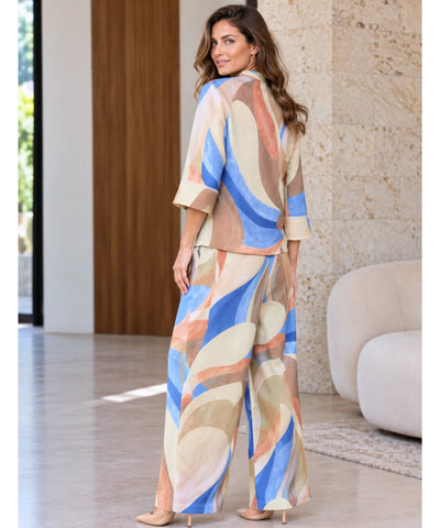 Comprar conjunto estampado feminino de costas com calça pantalona barato Anellimn