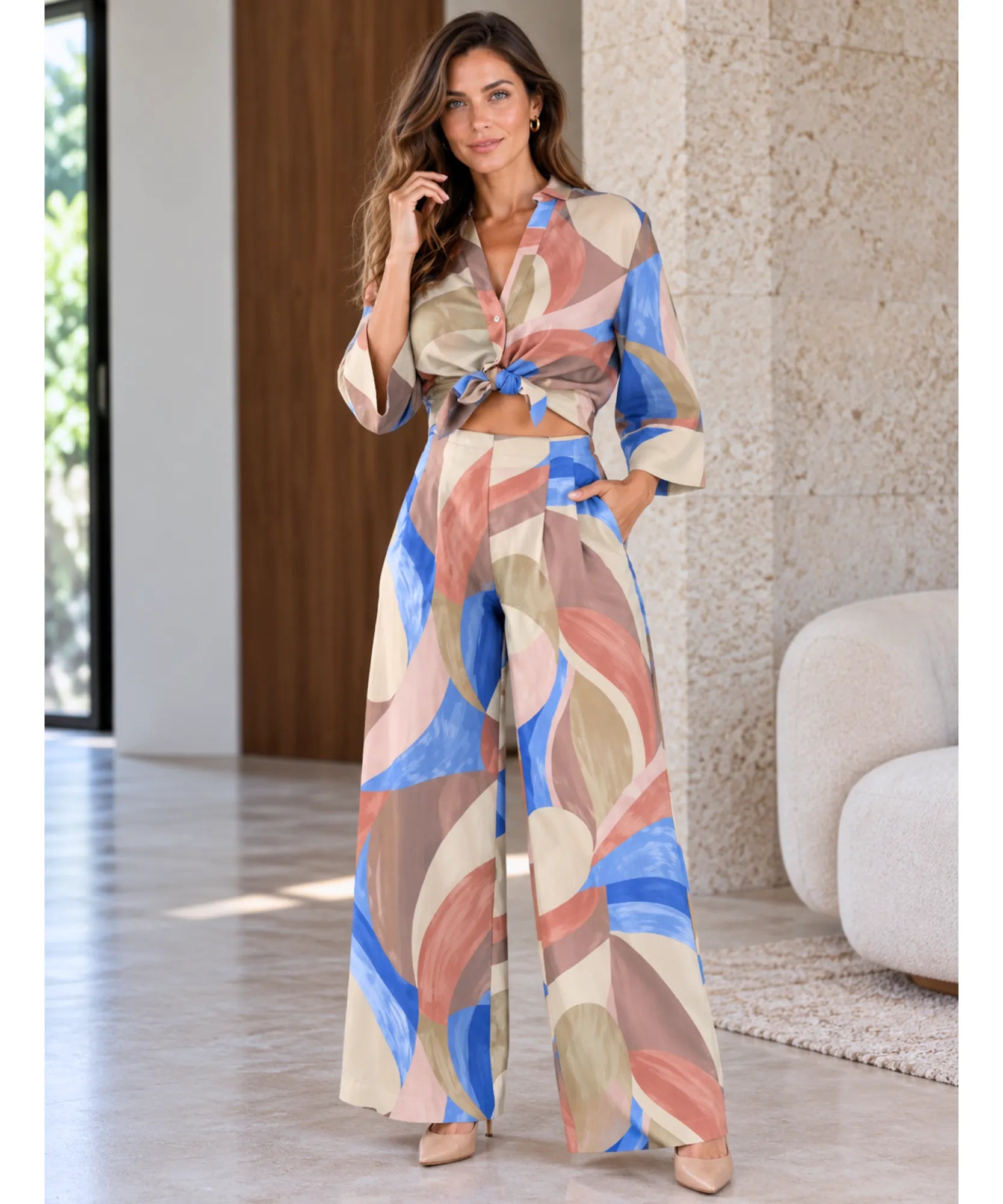 Comprar conjunto estampado feminino camisa amarrada e pantalona barato Anellimn