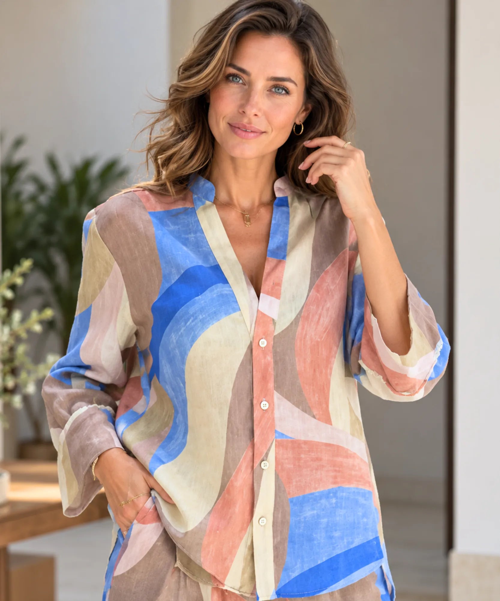 Comprar conjunto estampado feminino camisa decote V barato Anellimn