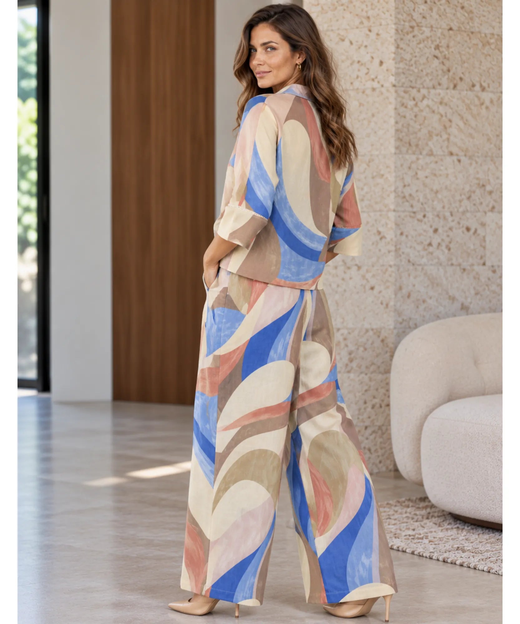 Comprar conjunto estampado feminino pantalona perna larga barato Anellimn