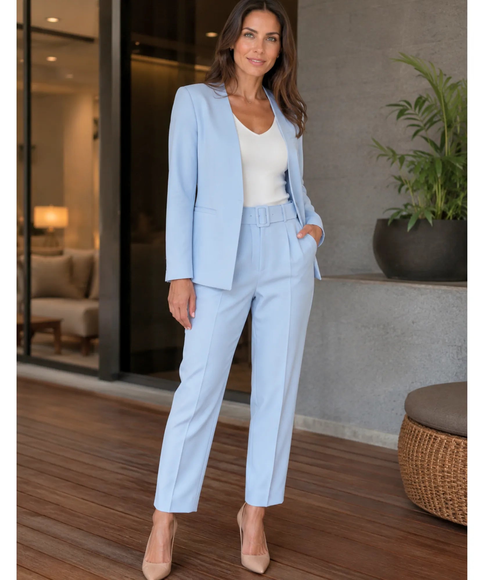Comprar conjunto feminino alfaiataria azul com blazer e calça elegante para trabalho e reuniões barato ZARA