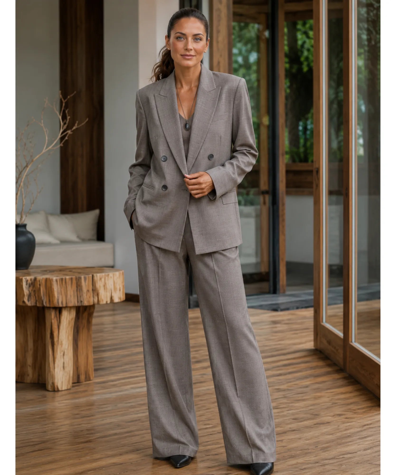 Comprar conjunto feminino alfaiataria com blazer e calça reta elegante para trabalho ou eventos barato ANELLIMN