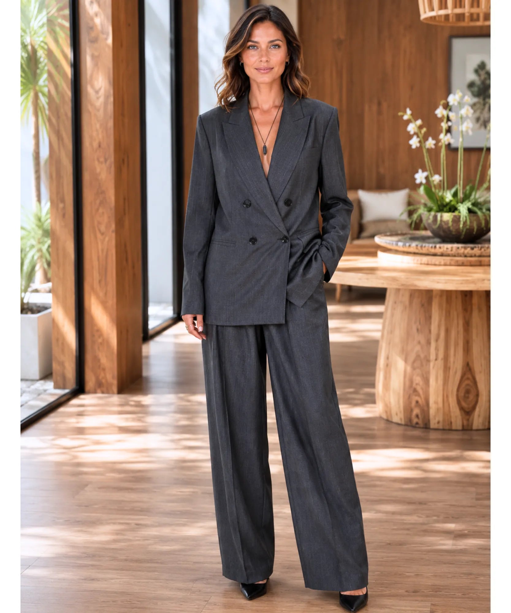 Comprar conjunto feminino alfaiataria com blazer e calça reta elegante para trabalho ou eventos barato ANELLIMN