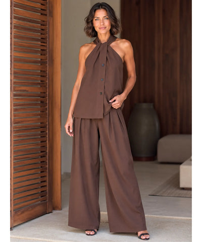 Conjunto Feminino Calça Pantalona e Blusa Amarração Casual | Bia
