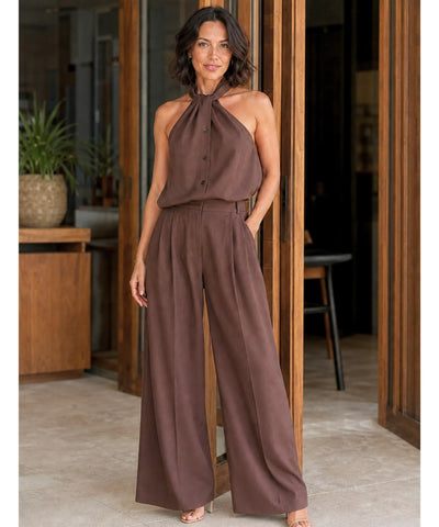 Conjunto Feminino Calça Pantalona e Blusa Amarração Casual | Bia