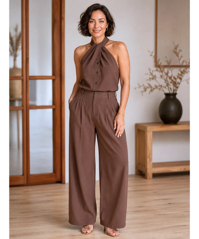 Conjunto Feminino Calça Pantalona e Blusa Amarração Casual | Bia