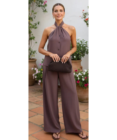 Conjunto Feminino Calça Pantalona e Blusa Amarração Casual | Bia