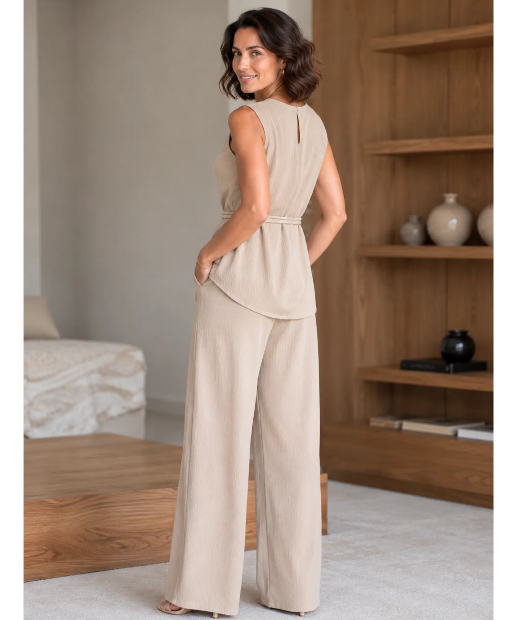 Comprar conjunto feminino blusa calça pantalona wide leg canelada amarração elegante em promoção ANELLIMN