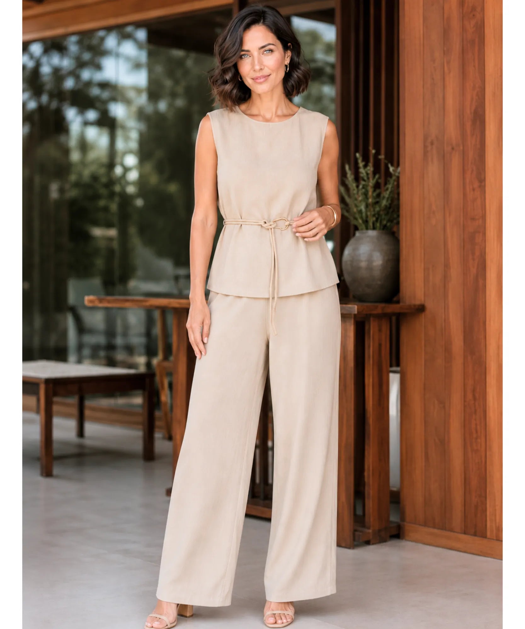 Comprar conjunto feminino blusa calça pantalona wide leg canelada amarração elegante em promoção ANELLIMN