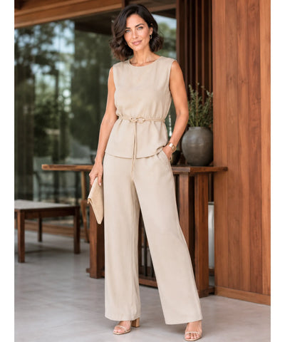 Comprar conjunto feminino blusa calça pantalona wide leg canelada amarração elegante em promoção ANELLIMN