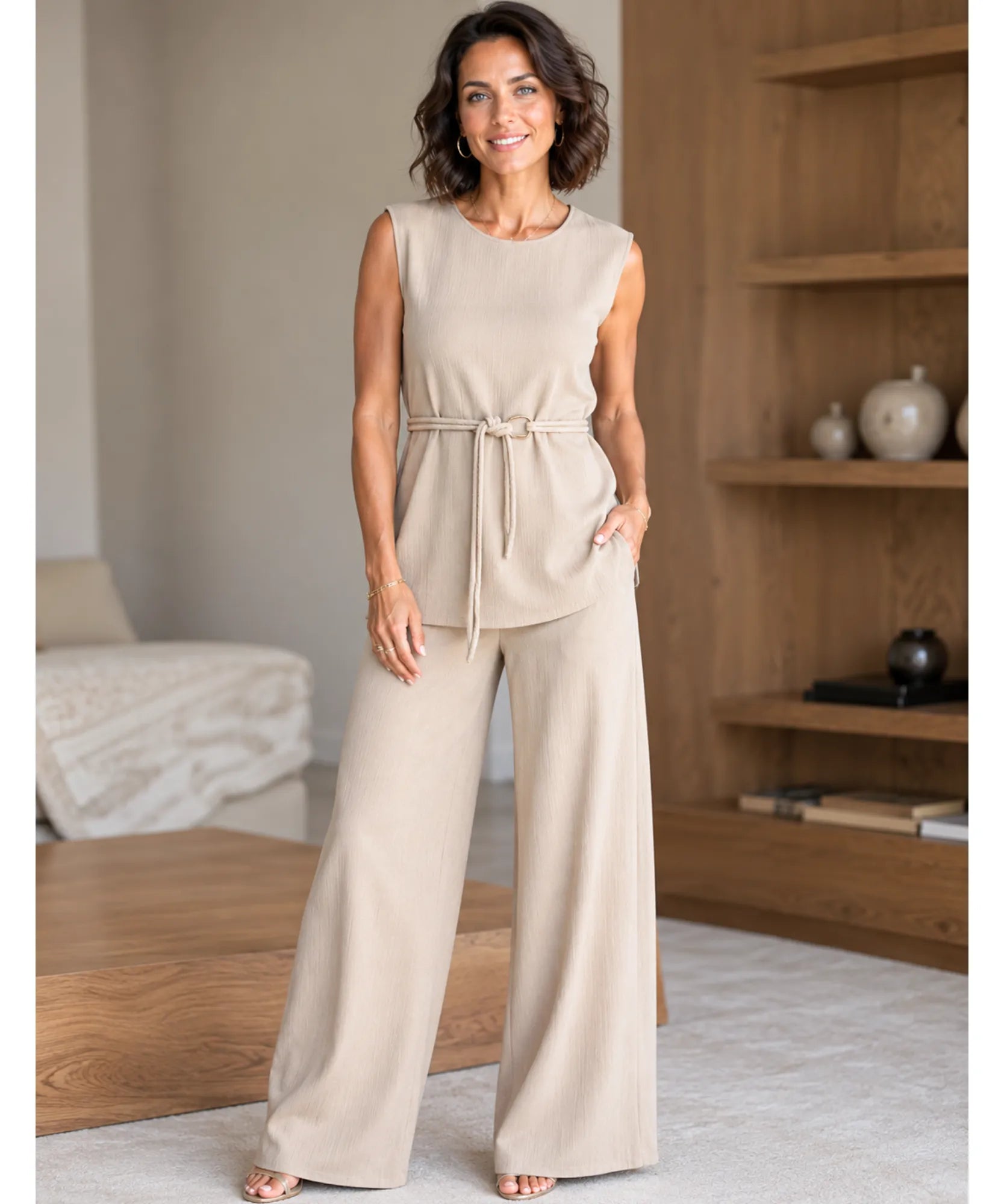 Comprar conjunto feminino blusa calça pantalona wide leg canelada amarração elegante em promoção ANELLIMN