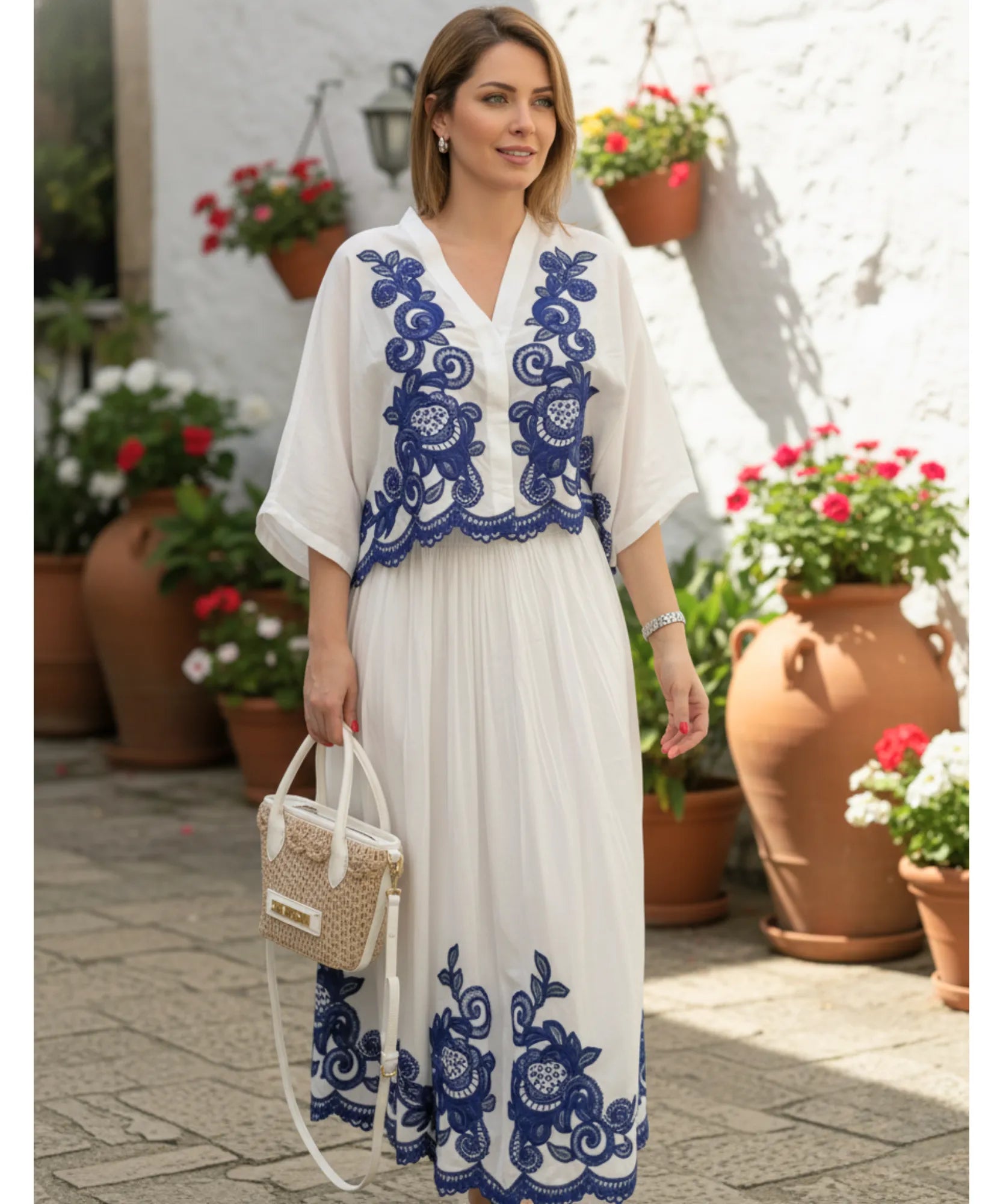 Comprar conjunto feminino bordado azul blusa manga morcego saia plissada midi viscose elegante versátil em promoção ZARA