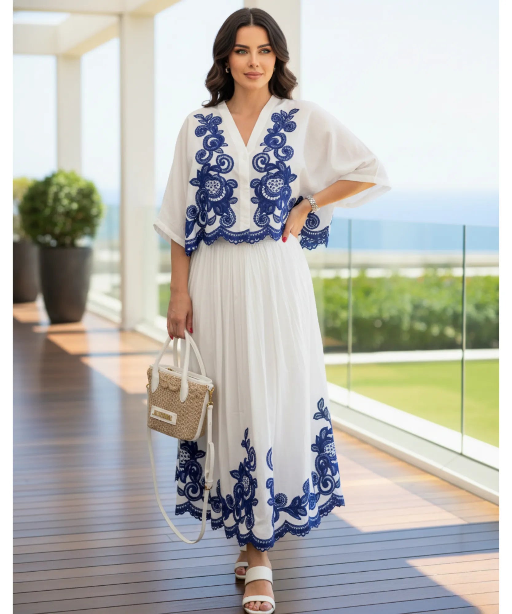 Comprar conjunto feminino bordado azul blusa manga morcego saia plissada midi viscose elegante versátil em promoção ZARA