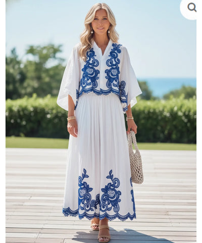 Conjunto Feminino Blusa e Saia Plissada Midi Verão | Vic