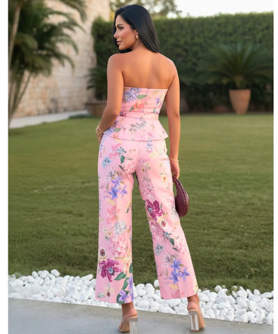 Comprar conjunto feminino calça pantalona e blusa floral rosa elegante casual verão em promoção ZARA
