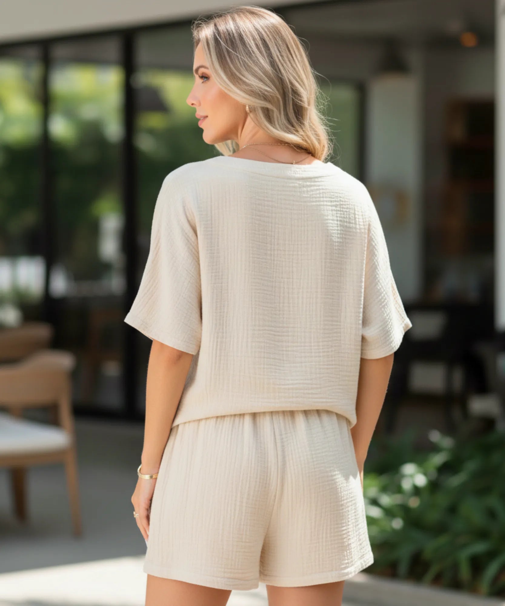 Comprar conjunto feminino linho blusa manga curta short ajustável verão casual barato ANELLIMN
