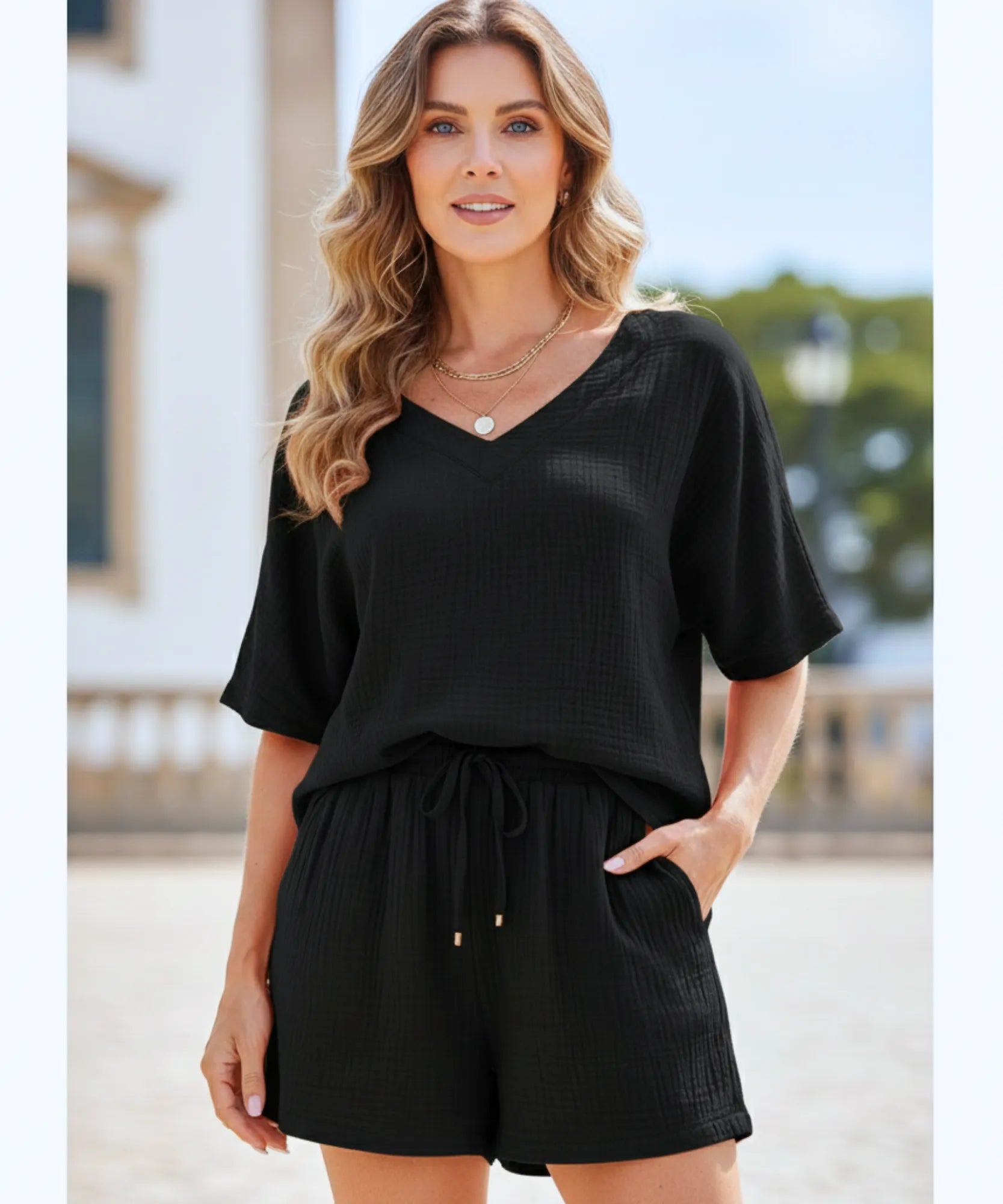 Comprar conjunto feminino linho blusa manga curta short ajustável verão casual barato ANELLIMN
