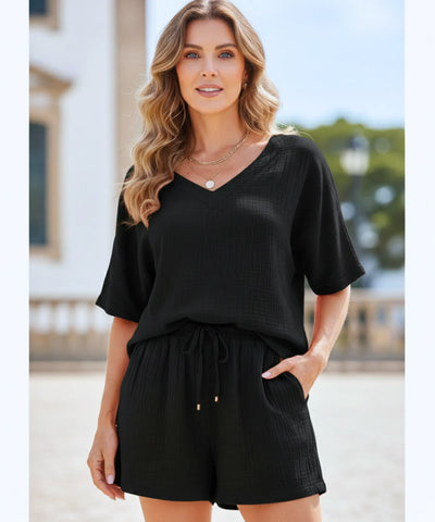 Comprar conjunto feminino linho blusa manga curta short ajustável verão casual barato ANELLIMN
