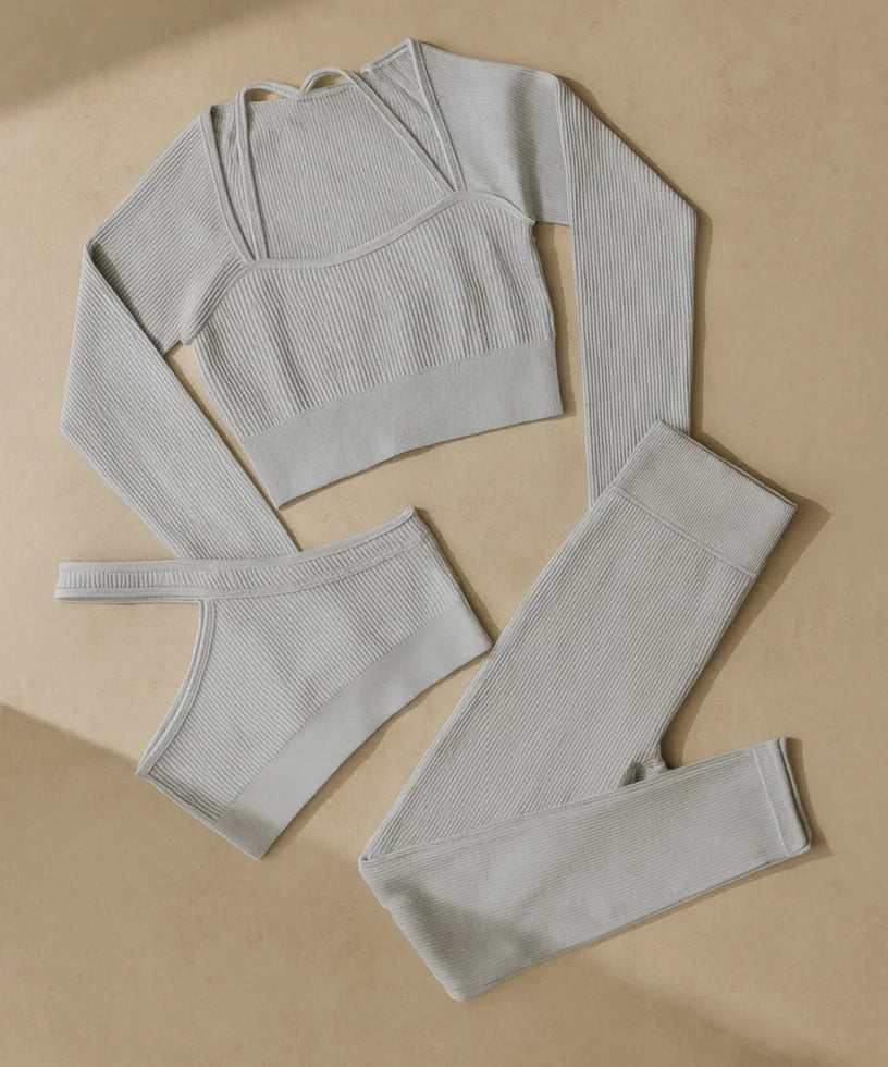 Comprar conjunto feminino malha canelada academia fitness yoga top cropped legging cintura alta confortável barato promoção