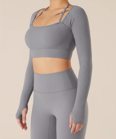 Comprar conjunto feminino malha canelada academia fitness yoga top cropped legging cintura alta confortável barato promoção