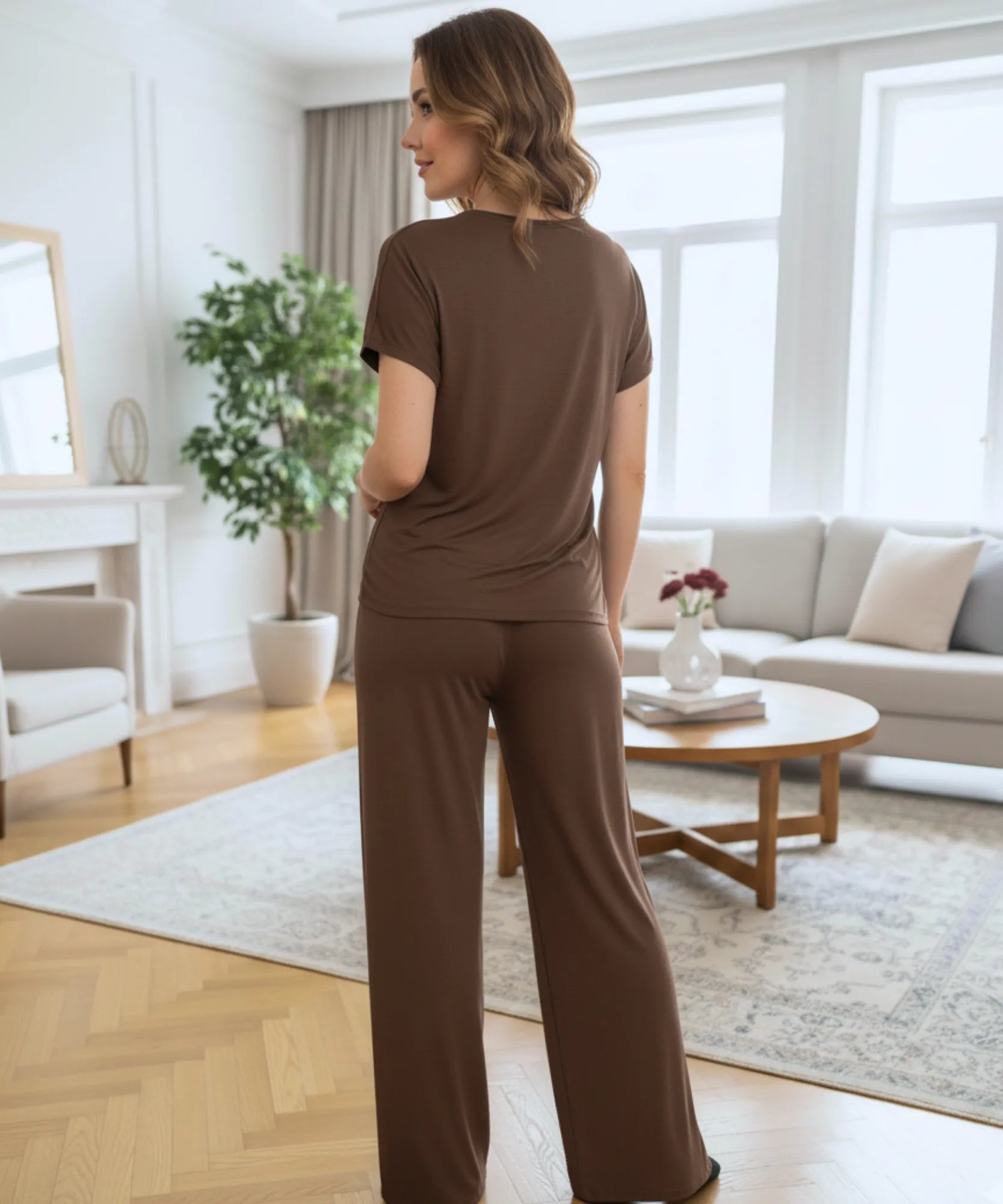 Comprar conjunto feminino modal calça pantalona e blusa manga curta leve confortável para casa e trabalho em promoção ZARA
