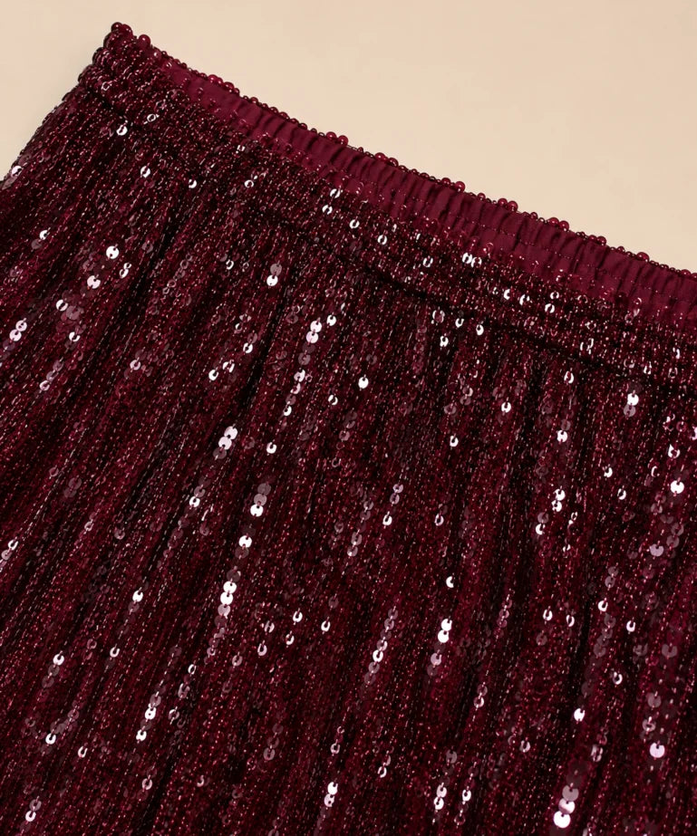 Comprar conjunto feminino paetê bordô cropped sem manga e calça cintura elástica com pelinho para festa barato ou em promoção