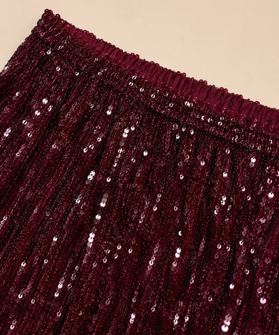 Comprar conjunto feminino paetê bordô cropped sem manga e calça cintura elástica com pelinho para festa barato ou em promoção