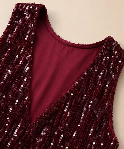 Comprar conjunto feminino paetê bordô cropped sem manga e calça cintura elástica com pelinho para festa barato ou em promoção