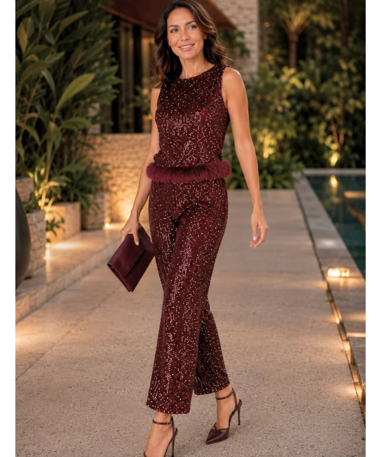 Comprar conjunto feminino paetê bordô cropped sem manga e calça cintura elástica com pelinho para festa barato ou em promoção