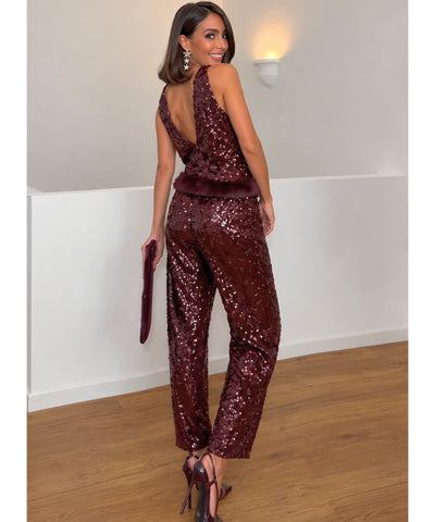 Comprar conjunto feminino paetê bordô cropped sem manga e calça cintura elástica com pelinho para festa barato ou em promoção