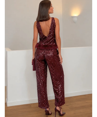 Comprar conjunto feminino paetê bordô cropped sem manga e calça cintura elástica com pelinho para festa barato ou em promoção