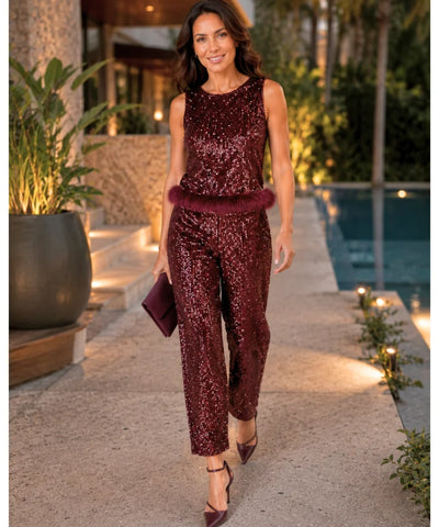 Comprar conjunto feminino paetê bordô cropped sem manga e calça cintura elástica com pelinho para festa barato ou em promoção