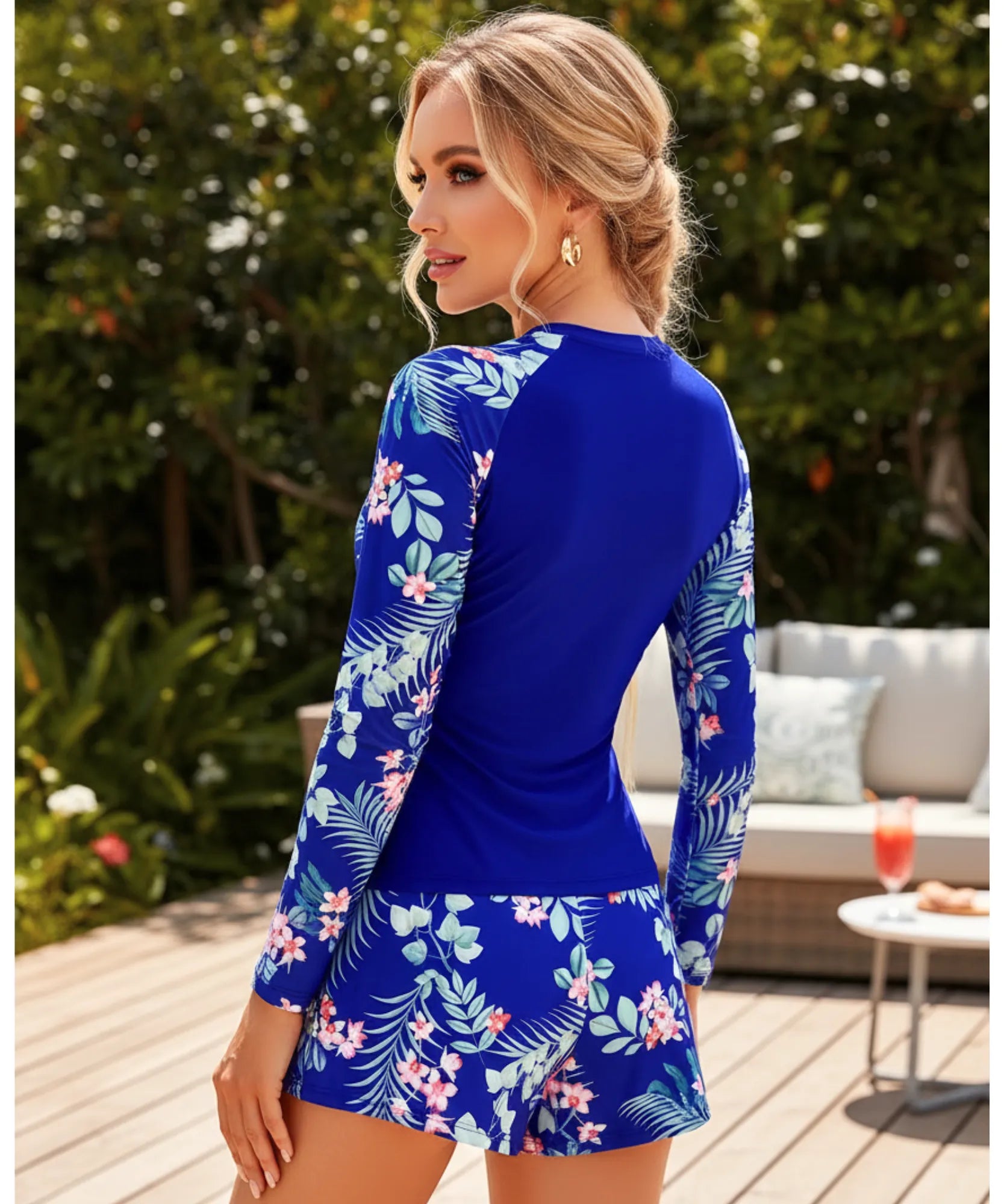 Comprar conjunto feminino short blusa manga longa surf estampa floral tropical praia natação confortável barato promoção ANELLIMN