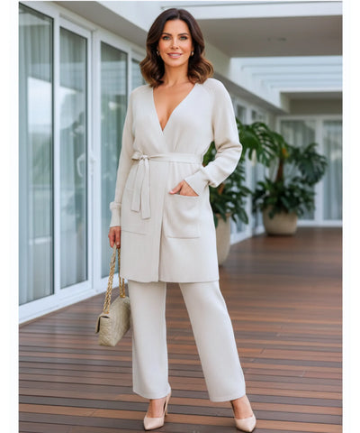 Comprar conjunto tricot feminino cardigan amarração calça pantalona algodão mercerizado em promoção ZARA 