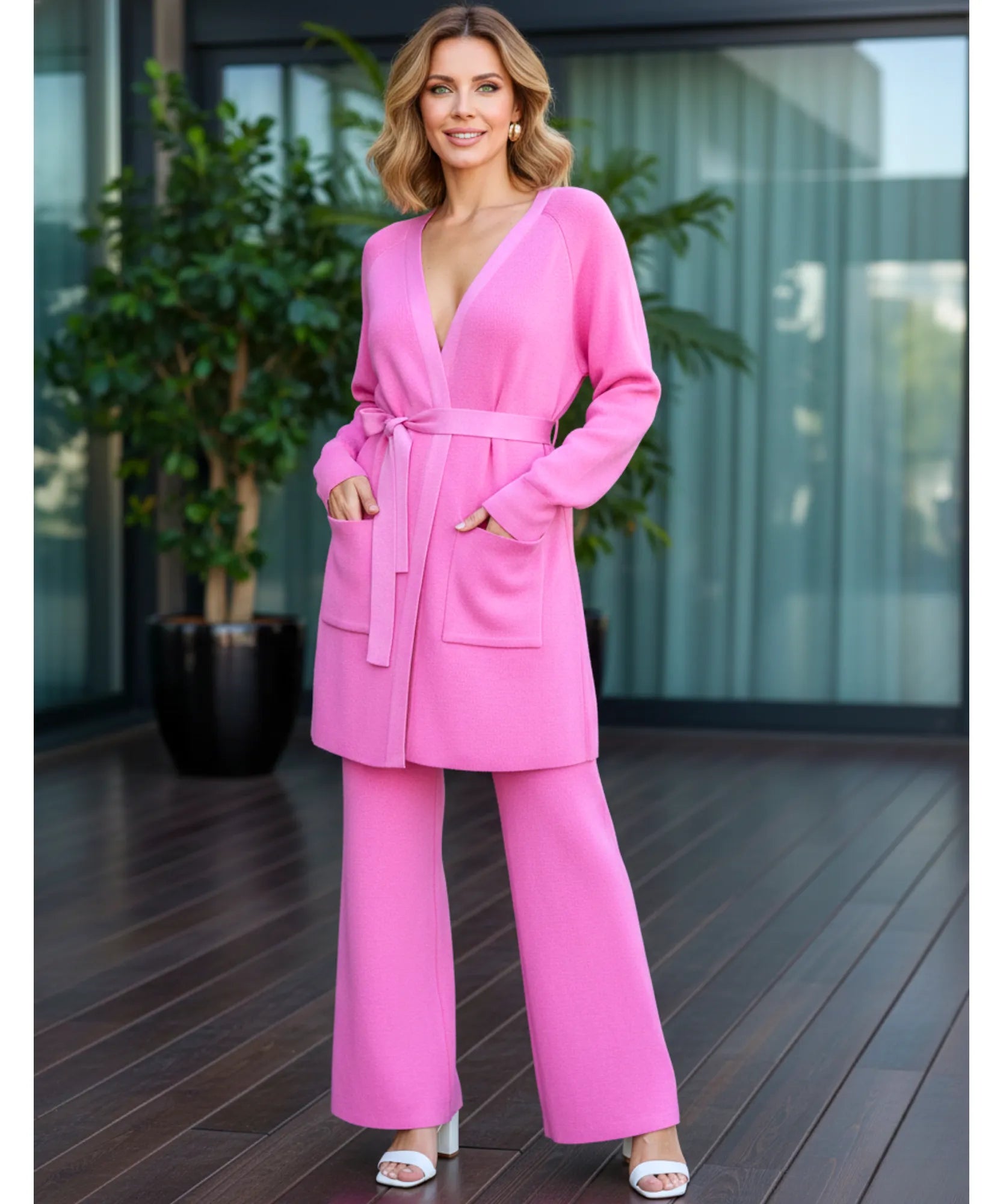 Comprar conjunto tricot feminino cardigan amarração calça pantalona algodão mercerizado em promoção ZARA 