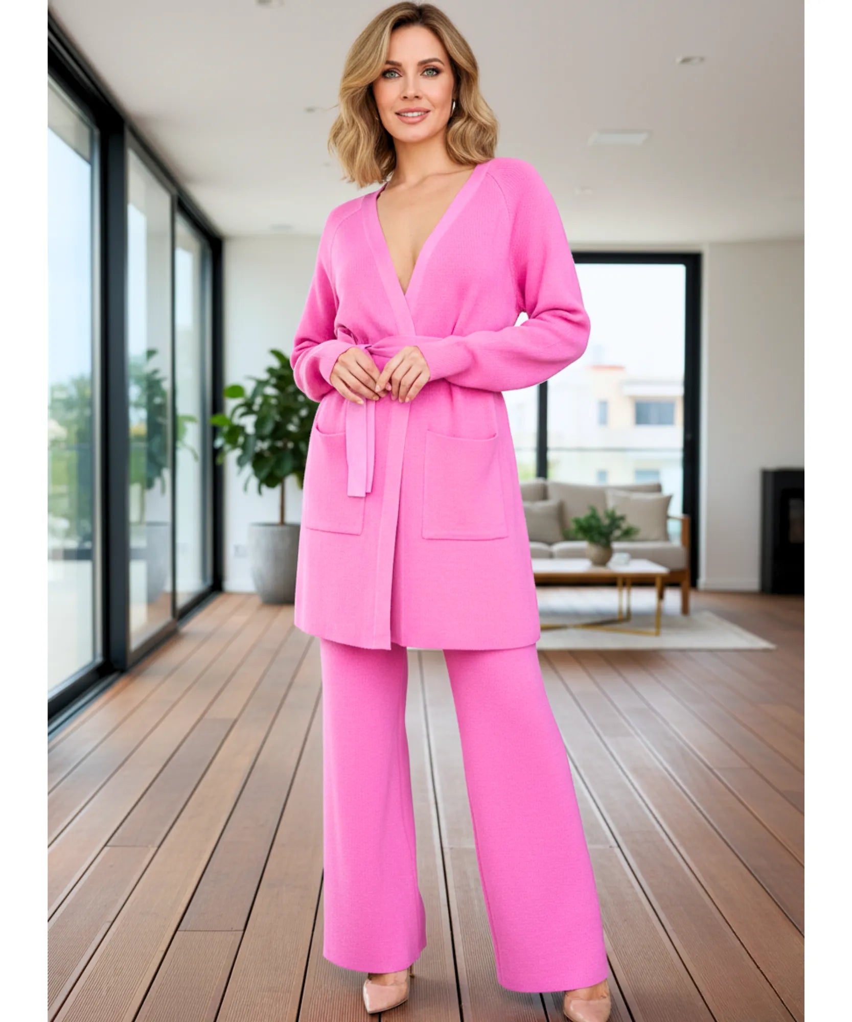 Comprar conjunto tricot feminino cardigan amarração calça pantalona algodão mercerizado em promoção ZARA 
