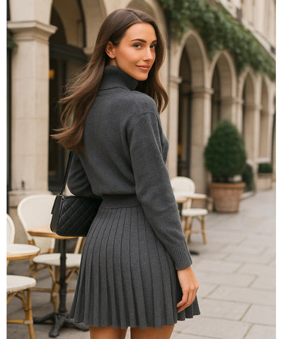 Comprar conjunto feminino tricot cinza gola alta saia plissada confortável malha macia inverno em promoção ZARA
