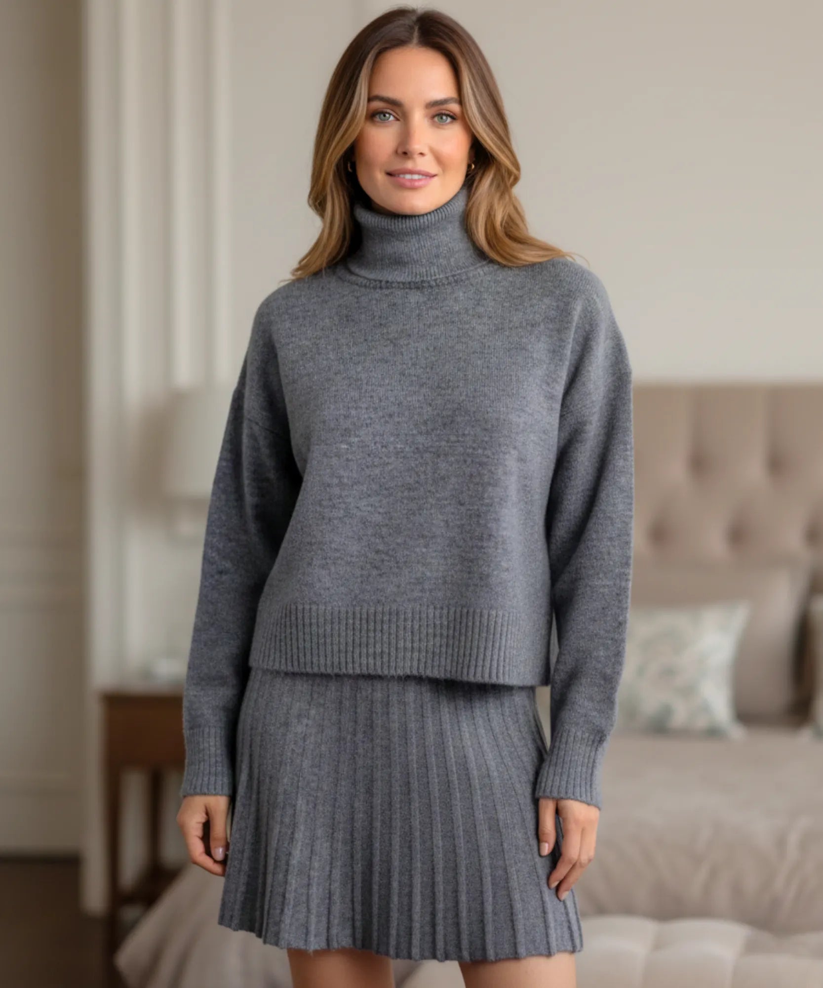 Comprar conjunto feminino tricot gola alta saia plissada confortável malha macia inverno em promoção ZARA